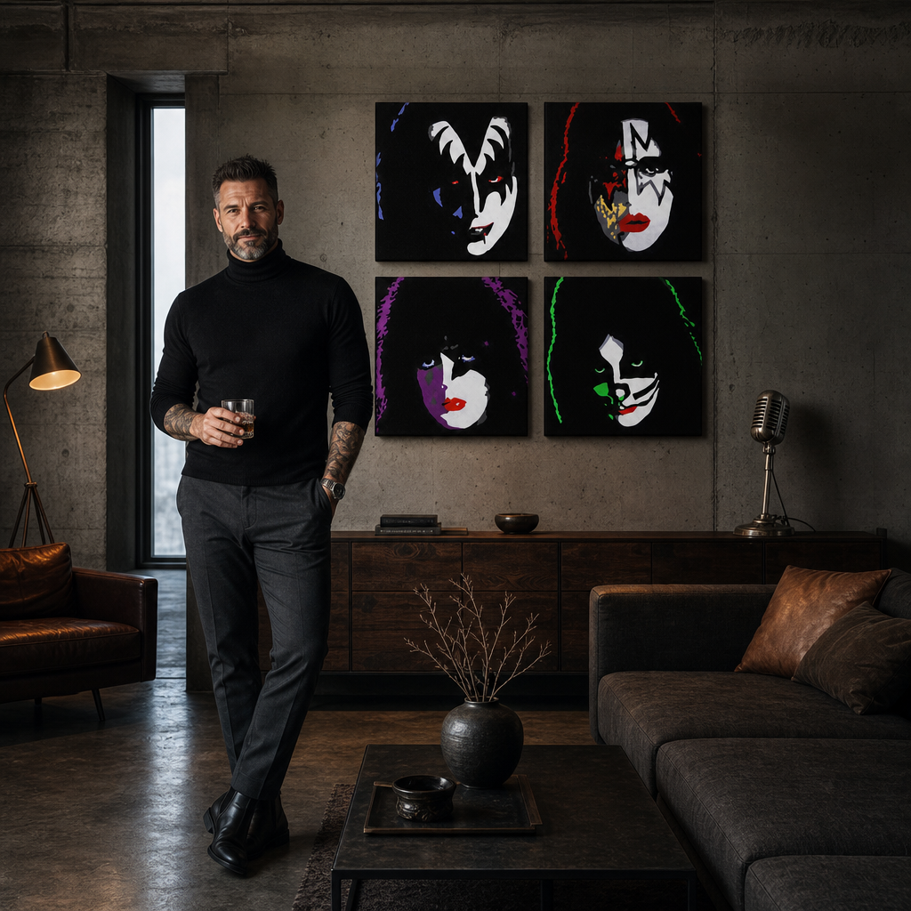 Tablou POP ART pictat manual Kiss 4 bucăți sărut – tablou într-un interior modern masculin, vizualizare lifestyle. Culori dominante: negru, alb, roșu, verde, mov.