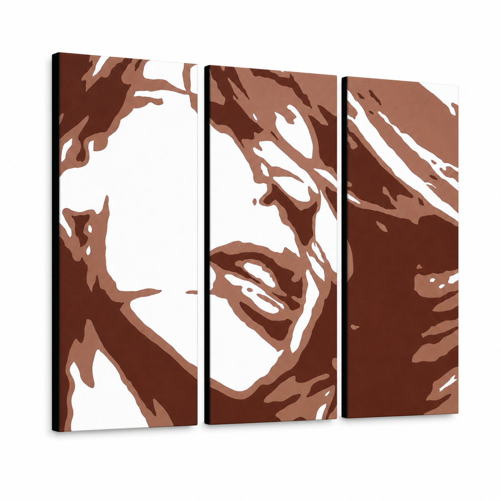 Tablou POP ART pictat manual Kylie Minogue 3 bucăți – Vizualizare 3D a tabloului pictat manual pe fundal alb. Culori dominante: maro, alb, portocaliu.