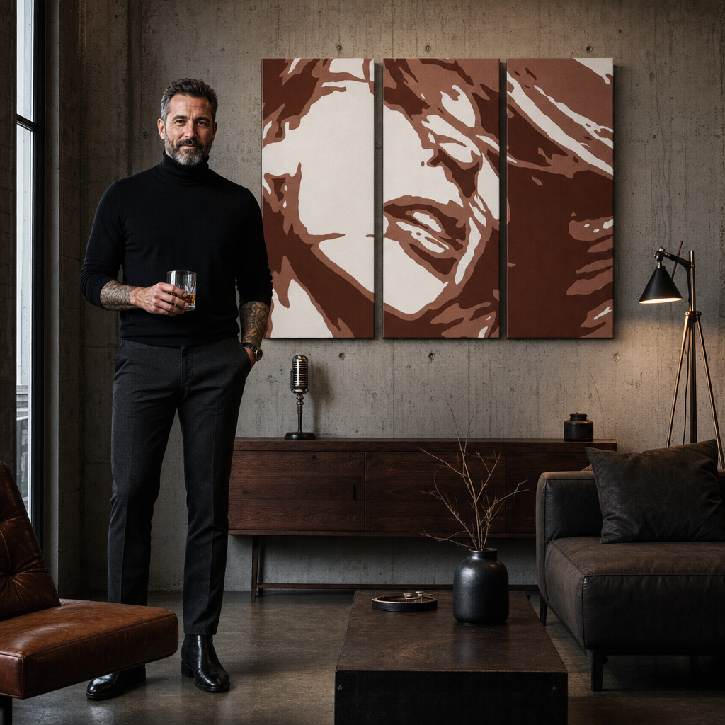 Tablou POP ART pictat manual Kylie Minogue 3 bucăți – tablou într-un interior modern masculin, vizualizare lifestyle. Culori dominante: maro, alb, portocaliu.