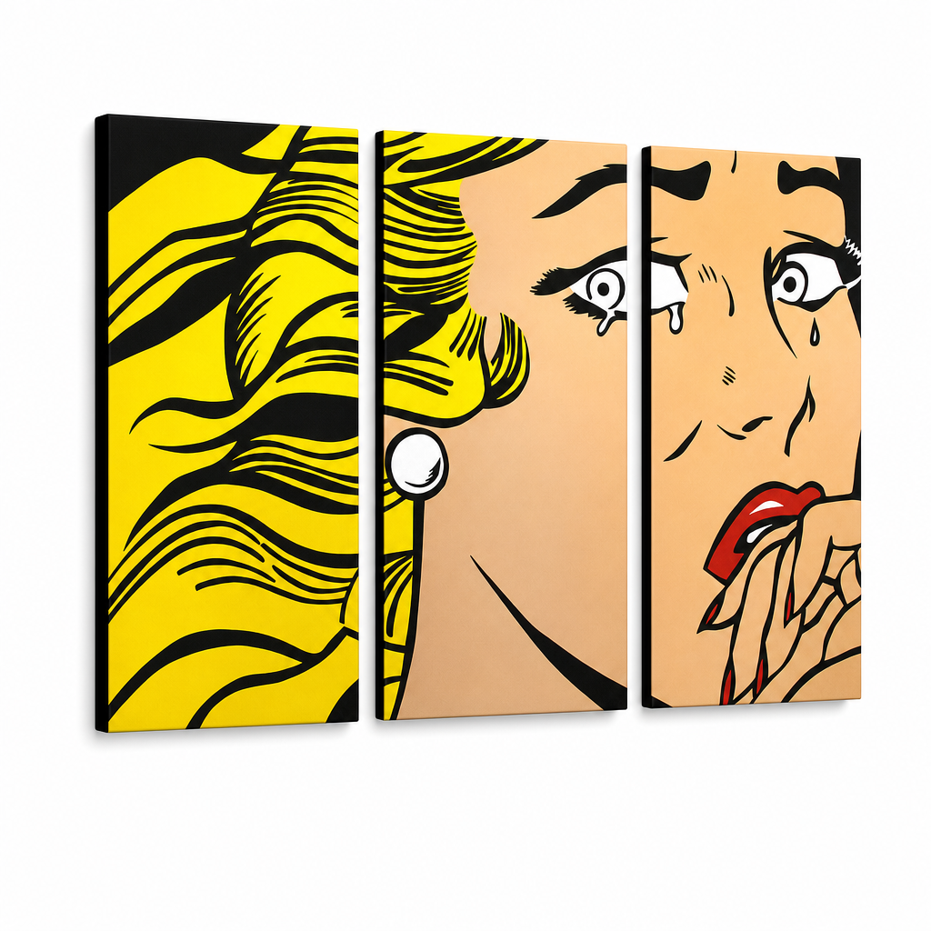 Tablou POP ART pictat manual LICHTENSTEIN 3 buc li3/x2 – Vizualizare 3D a tabloului pictat manual pe fundal alb. Culori dominante: galben, negru, roz.