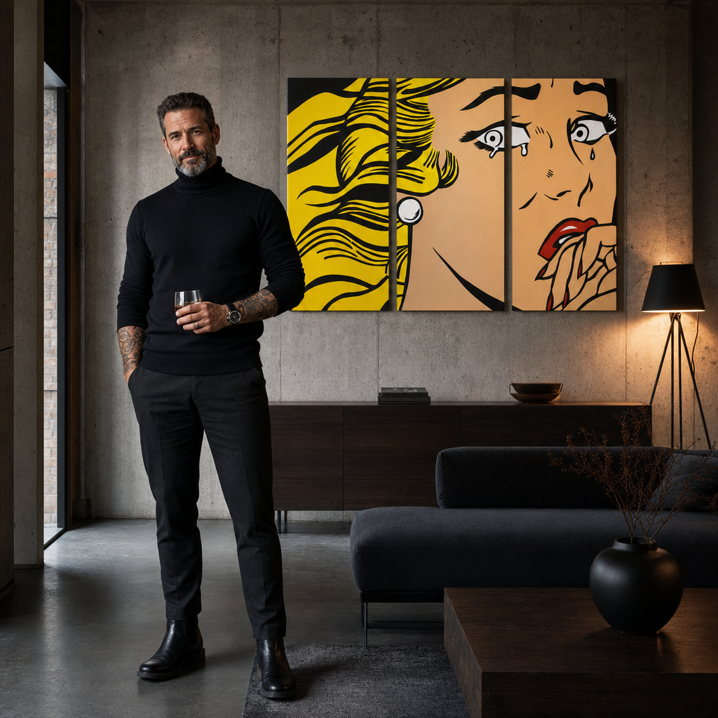 Tablou POP ART pictat manual LICHTENSTEIN 3 buc li3/x2 – tablou într-un interior modern masculin, vizualizare lifestyle. Culori dominante: galben, negru, roz.