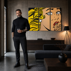 Tablou POP ART pictat manual LICHTENSTEIN 3 buc li3/x2 – tablou într-un interior modern masculin, vizualizare lifestyle. Culori dominante: galben, negru, roz.