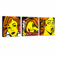 Tablou POP ART pictat manual LICHTENSTEIN 3 buc li7 – Vizualizare 3D a tabloului pictat manual pe fundal alb. Culori dominante: galben, negru, portocaliu.