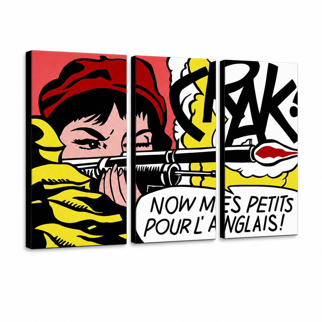 Tablou POP ART pictat manual LICHTENSTEIN 3 buc li8 – Vizualizare 3D a tabloului pictat manual pe fundal alb. Culori dominante: roșu, galben, negru, alb, portocaliu.