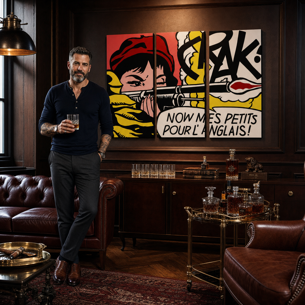 Tablou POP ART pictat manual LICHTENSTEIN 3 buc li8 – tablou într-un interior modern masculin, vizualizare lifestyle. Culori dominante: roșu, galben, negru, alb, portocaliu.