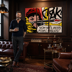 Tablou POP ART pictat manual LICHTENSTEIN 3 buc li8 – tablou într-un interior modern masculin, vizualizare lifestyle. Culori dominante: roșu, galben, negru, alb, portocaliu.