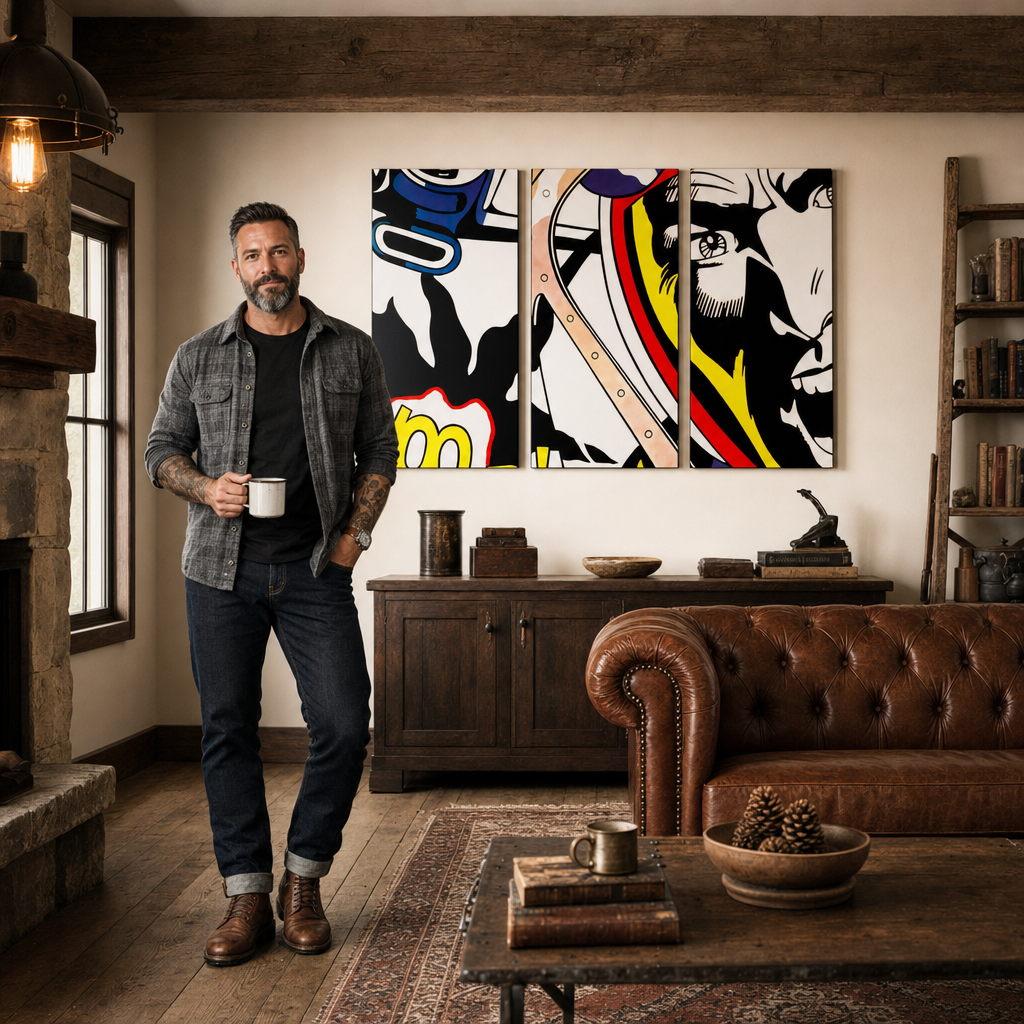 Tablou POP ART pictat manual LICHTENSTEIN 3 bucăți li – tablou într-un interior modern masculin, vizualizare lifestyle. Culori dominante: negru, galben, roșu, albastru, alb.