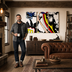 Tablou POP ART pictat manual LICHTENSTEIN 3 bucăți li – tablou într-un interior modern masculin, vizualizare lifestyle. Culori dominante: negru, galben, roșu, albastru, alb.