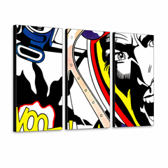 Tablou POP ART pictat manual LICHTENSTEIN 3 bucăți li – Vizualizare 3D a tabloului pictat manual pe fundal alb. Culori dominante: negru, galben, roșu, albastru, alb.