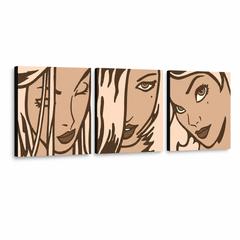 Tablou POP ART pictat manual LICHTENSTEIN 3 bucăți li2 – Vizualizare 3D a tabloului pictat manual pe fundal alb. Culori dominante: maro, bej, negru.