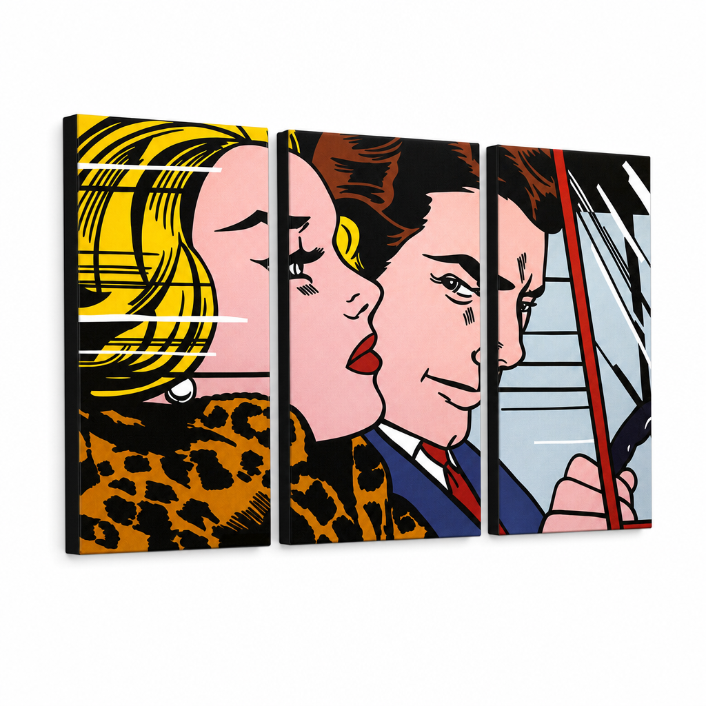 Tablou POP ART pictat manual LICHTENSTEIN 3 bucăți li4 – Vizualizare 3D a tabloului pictat manual pe fundal alb. Culori dominante: galben, negru, roz, albastru, maro.