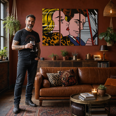 Tablou POP ART pictat manual LICHTENSTEIN 3 bucăți li4 – tablou într-un interior modern masculin, vizualizare lifestyle. Culori dominante: galben, negru, roz, albastru, maro.