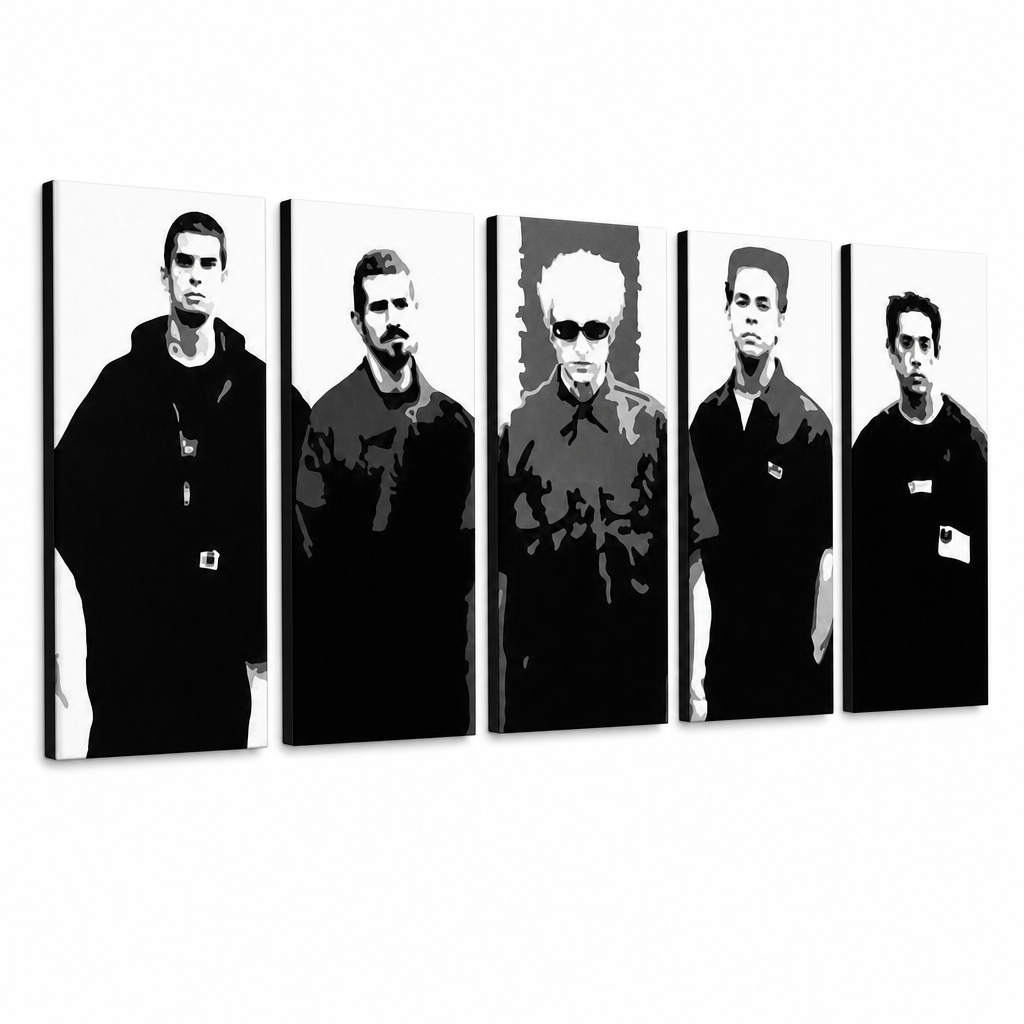 Tablou POP ART pictat manual LINKIN PARK 5 buc lp – Vizualizare 3D a tabloului pictat manual pe fundal alb. Culori dominante: negru, alb, gri.