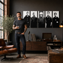 Tablou POP ART pictat manual LINKIN PARK 5 buc lp – tablou într-un interior modern masculin, vizualizare lifestyle. Culori dominante: negru, alb, gri.