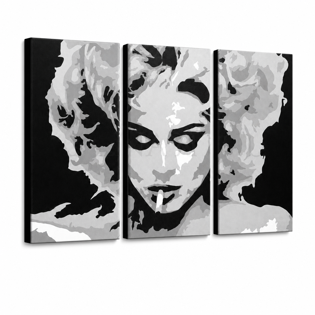 Tablou POP ART pictat manual MADONNA 3 bucăți ma2 – Vizualizare 3D a tabloului pictat manual pe fundal alb. Culori dominante: negru, gri, alb.