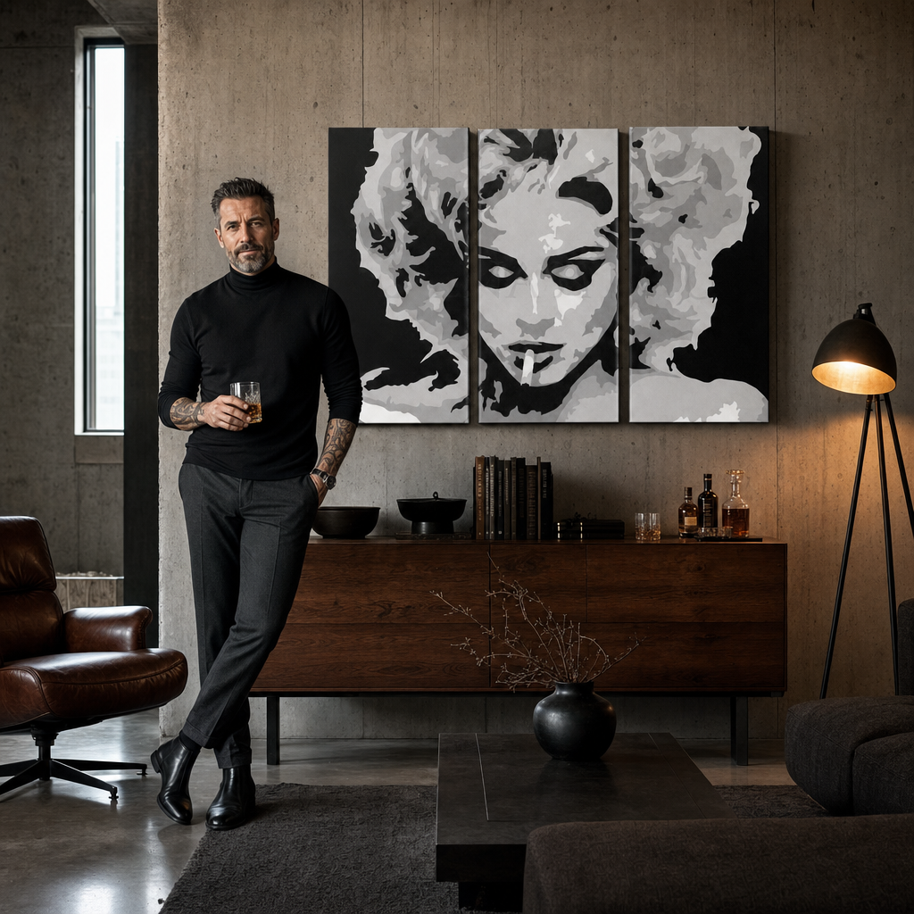 Tablou POP ART pictat manual MADONNA 3 bucăți ma2 – tablou într-un interior modern masculin, vizualizare lifestyle. Culori dominante: negru, gri, alb.