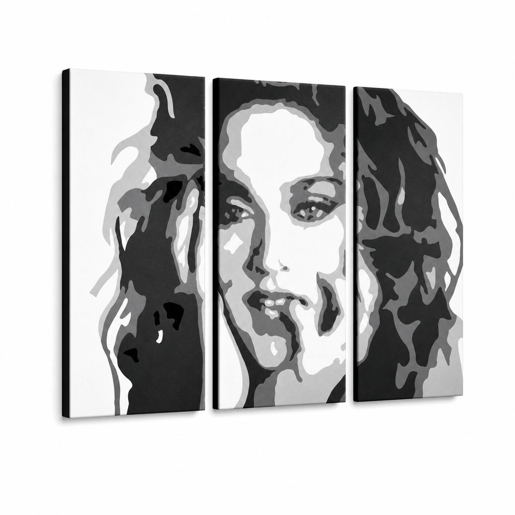 Tablou POP ART pictat manual MADONNA 3 bucăți ma3 – Vizualizare 3D a tabloului pictat manual pe fundal alb. Culori dominante: negru, alb, gri.