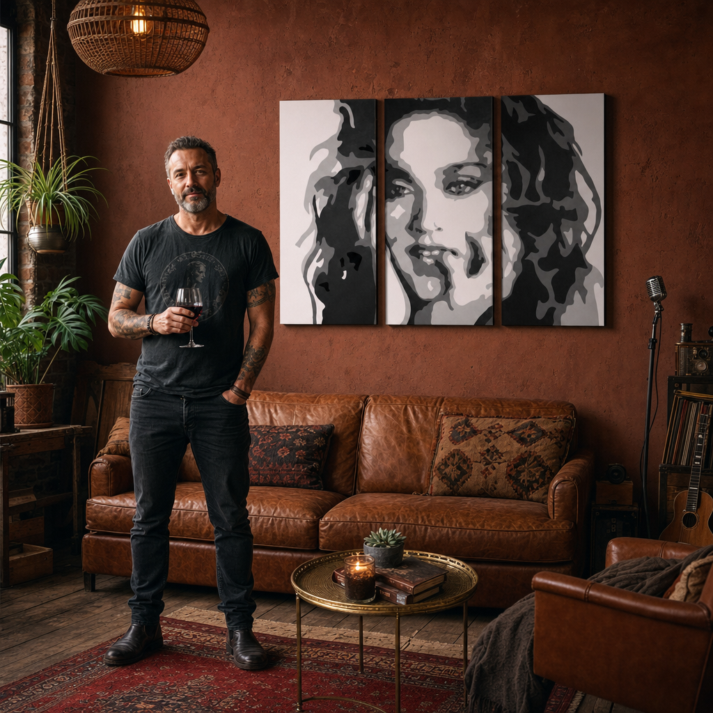 Tablou POP ART pictat manual MADONNA 3 bucăți ma3 – tablou într-un interior modern masculin, vizualizare lifestyle. Culori dominante: negru, alb, gri.