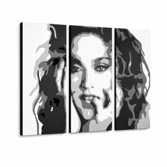 Tablou POP ART pictat manual MADONNA 3 bucăți ma3 – Vizualizare 3D a tabloului pictat manual pe fundal alb. Culori dominante: negru, alb, gri.