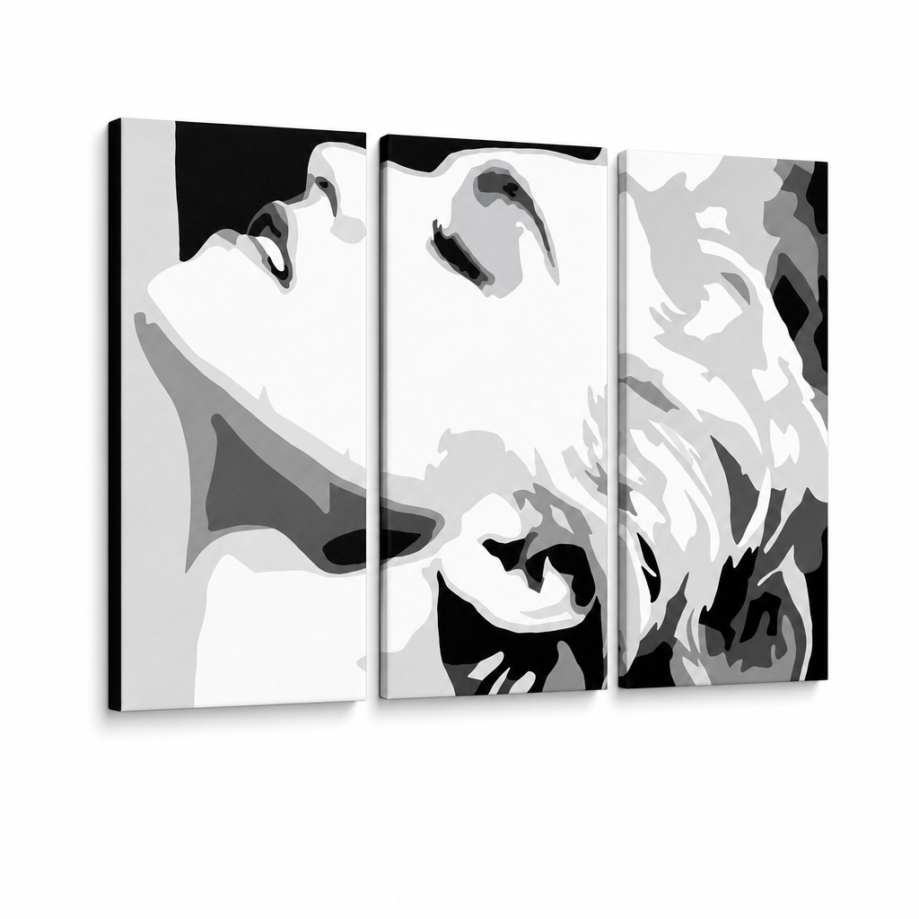 Tablou POP ART pictat manual MADONNA 3 bucăți ma5 – Vizualizare 3D a tabloului pictat manual pe fundal alb. Culori dominante: bielá, negru, gri.