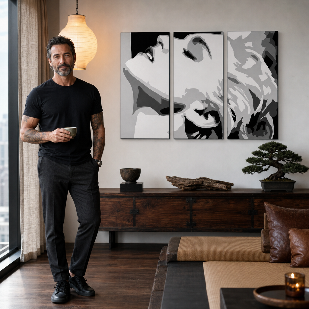 Tablou POP ART pictat manual MADONNA 3 bucăți ma5 – tablou într-un interior modern masculin, vizualizare lifestyle. Culori dominante: bielá, negru, gri.