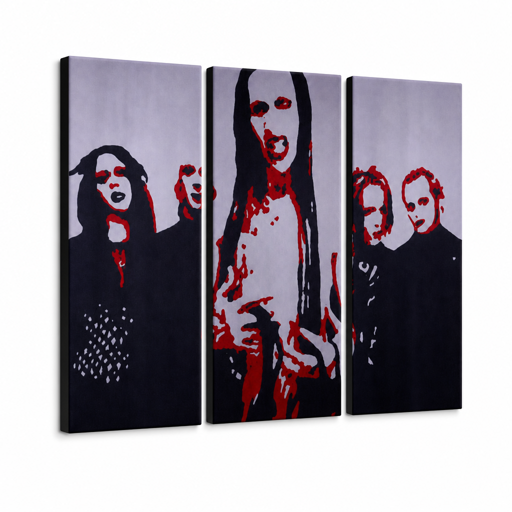 Tablou POP ART pictat manual Marilyn Manson 3 bucăți mm – Vizualizare 3D a tabloului pictat manual pe fundal alb. Culori dominante: negru, roșu, alb.