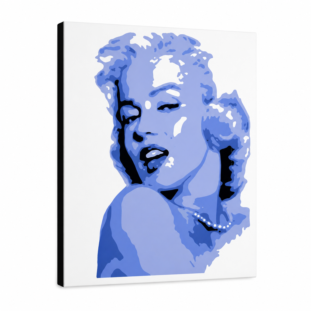 Tablou POP ART pictat manual Marilyn Monroe 1 buc mon – Vizualizare 3D a tabloului pictat manual pe fundal alb. Culori dominante: albastru, alb, negru.