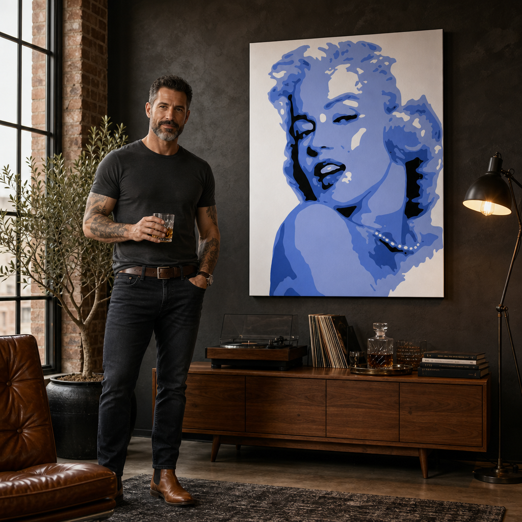 Tablou POP ART pictat manual Marilyn Monroe 1 buc mon – tablou într-un interior modern masculin, vizualizare lifestyle. Culori dominante: albastru, alb, negru.