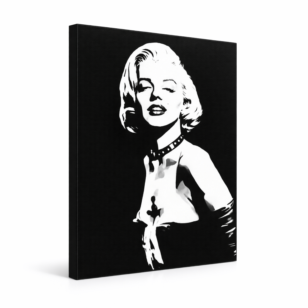 Tablou POP ART pictat manual Marilyn MONROE 1 buc mon5 – Vizualizare 3D a tabloului pictat manual pe fundal alb. Culori dominante: negru, alb, gri.