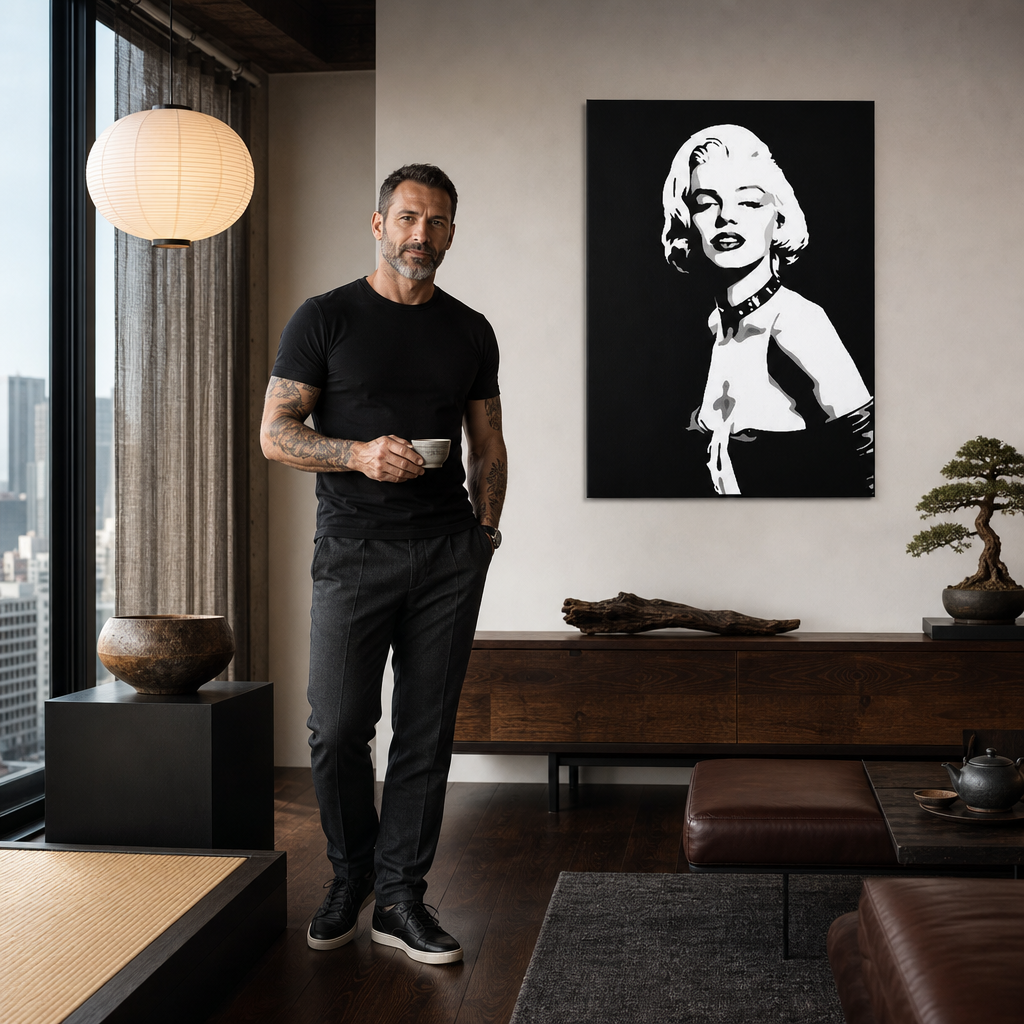 Tablou POP ART pictat manual Marilyn MONROE 1 buc mon5 – tablou într-un interior modern masculin, vizualizare lifestyle. Culori dominante: negru, alb, gri.