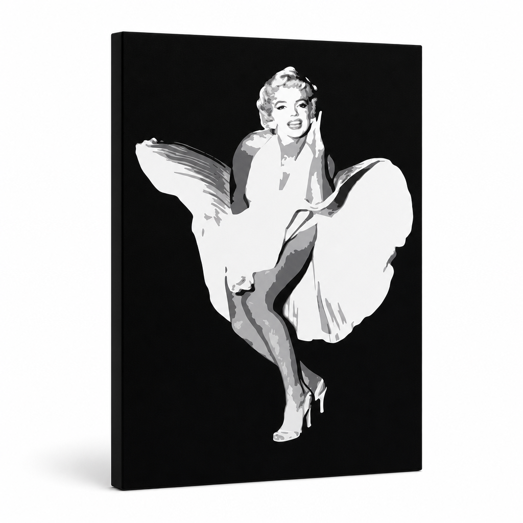 Tablou POP ART pictat manual Marilyn Monroe 1 buc mon6 – Vizualizare 3D a tabloului pictat manual pe fundal alb. Culori dominante: negru, alb, gri.