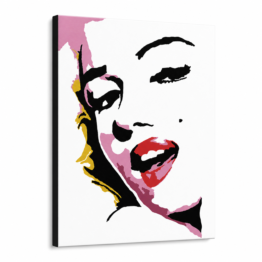 Tablou POP ART pictat manual Marilyn Monroe 1 buc mon7 – Vizualizare 3D a tabloului pictat manual pe fundal alb. Culori dominante: roz, roșu, negru, galben, gri.