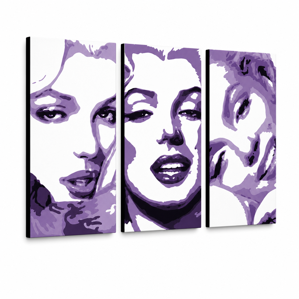 Tablou POP ART pictat manual Marilyn MONROE 3 buc mon4 – Vizualizare 3D a tabloului pictat manual pe fundal alb. Culori dominante: mov, alb, negru.