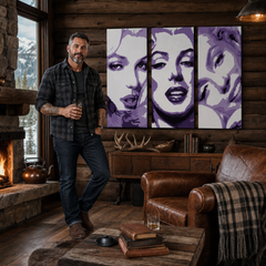 Tablou POP ART pictat manual Marilyn MONROE 3 buc mon4 – tablou într-un interior modern masculin, vizualizare lifestyle. Culori dominante: mov, alb, negru.