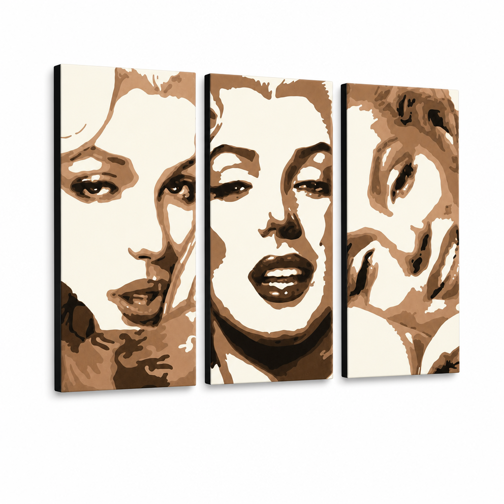 Tablou POP ART pictat manual Marilyn MONROE 3 bucăți mon1 – Vizualizare 3D a tabloului pictat manual pe fundal alb. Culori dominante: bej, maro, negru.