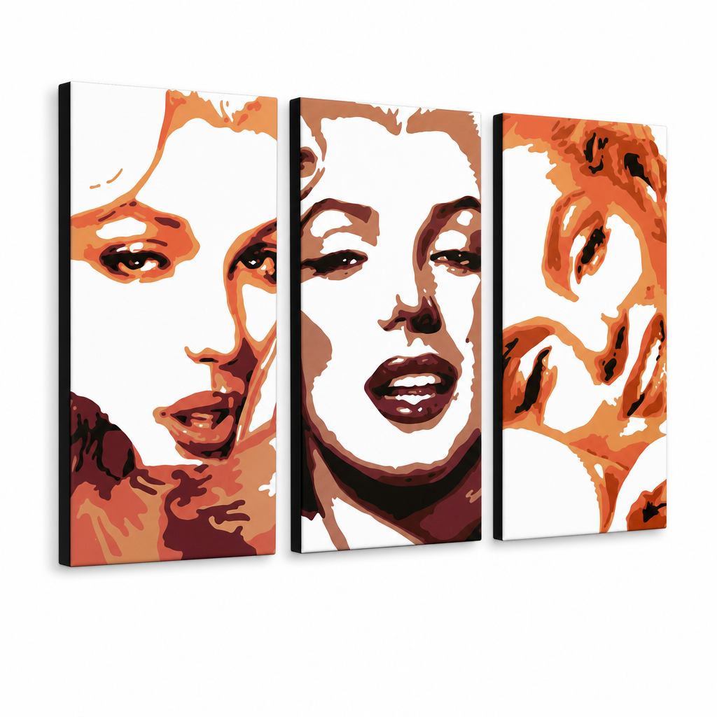 Tablou POP ART pictat manual Marilyn Monroe 3 bucăți mon2 – Vizualizare 3D a tabloului pictat manual pe fundal alb. Culori dominante: portocaliu, maro, alb.