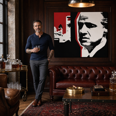 Tablou POP ART pictat manual marlon brando 1 buc mb8 – tablou într-un interior modern masculin, vizualizare lifestyle. Culori dominante: negru, alb, roșu.