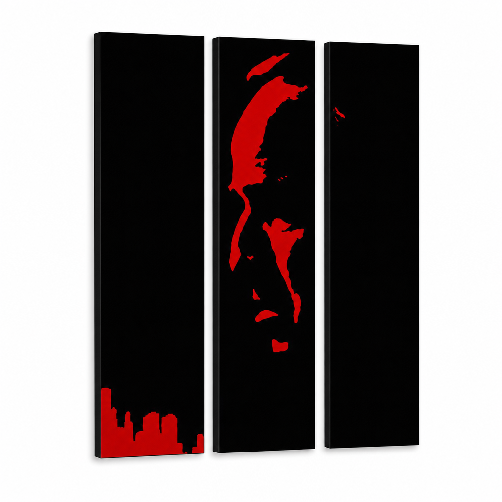 Tablou POP ART pictat manual Marlon Brando 3 buc gff – Vizualizare 3D a tabloului pictat manual pe fundal alb. Culori dominante: negru, roșu.