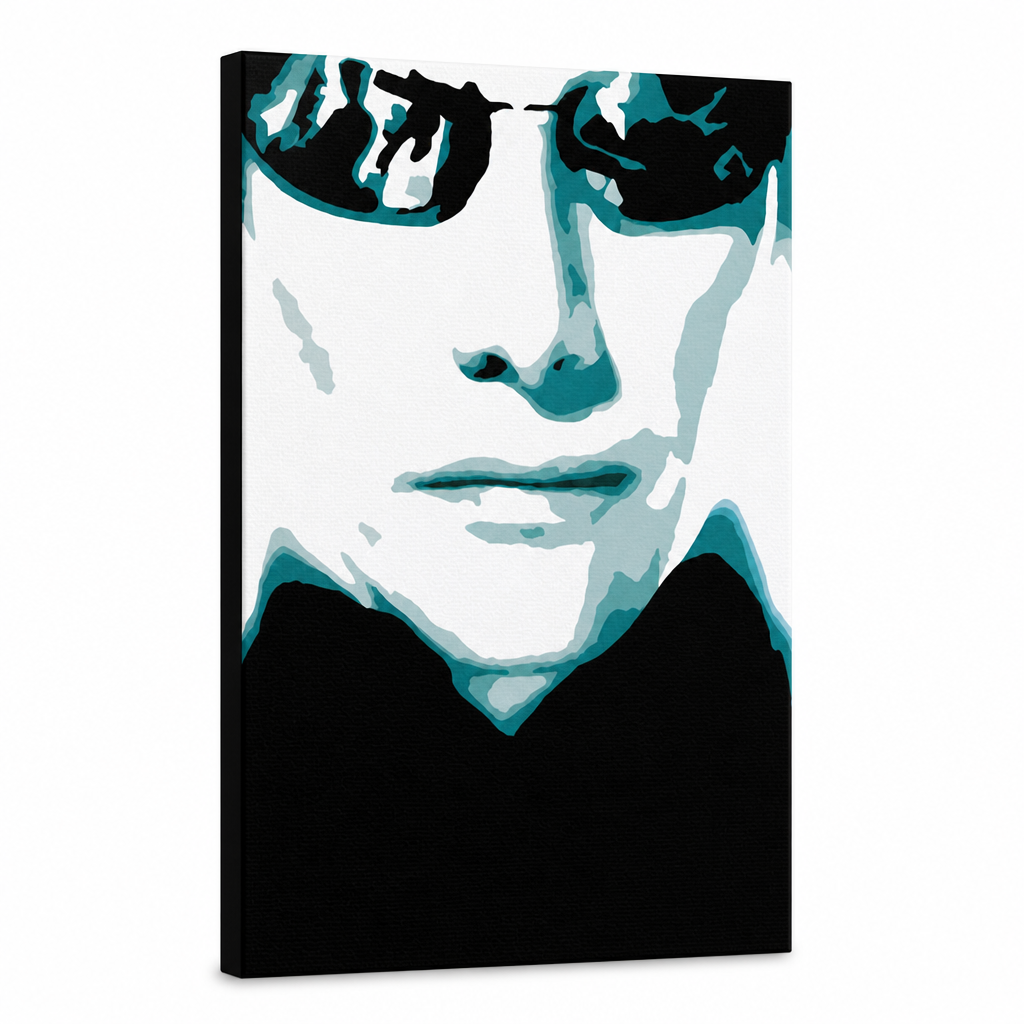 Tablou POP ART pictat manual MATRIX 1 bucată mat – Vizualizare 3D a tabloului pictat manual pe fundal alb. Culori dominante: negru, albastru, alb.