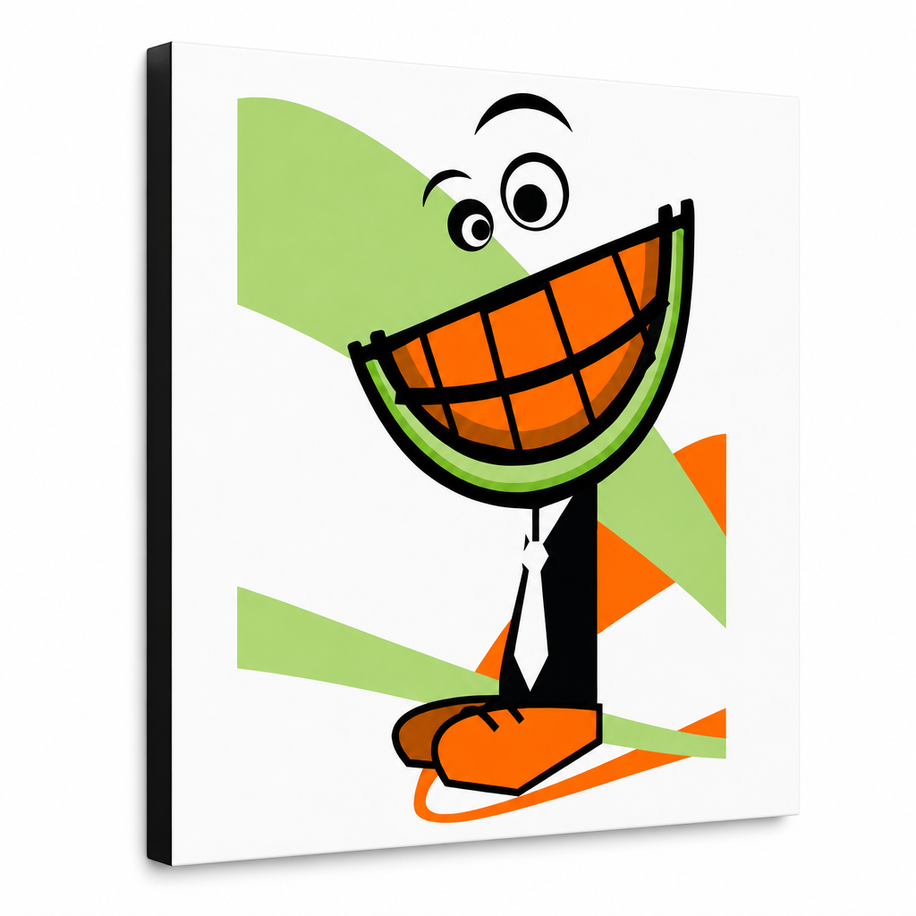 Tablou POP ART pictat manual MELON 1 bucată pepene – Vizualizare 3D a tabloului pictat manual pe fundal alb. Culori dominante: portocaliu, verde, negru, alb, maro.