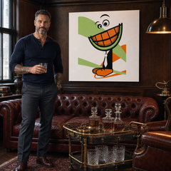 Tablou POP ART pictat manual MELON 1 bucată pepene – tablou într-un interior modern masculin, vizualizare lifestyle. Culori dominante: portocaliu, verde, negru, alb, maro.