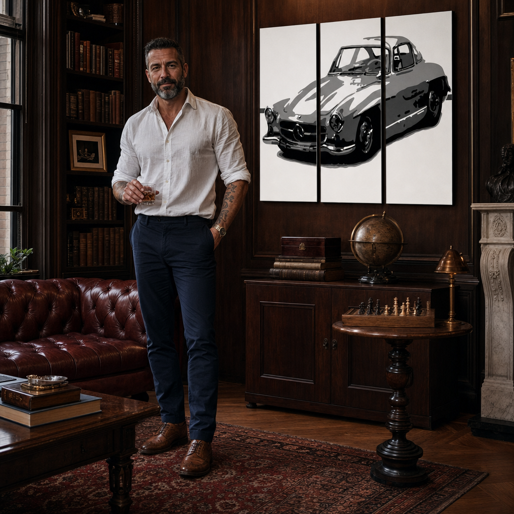 Tablou POP ART pictat manual MERCEDES SL300 3 piese mer – tablou într-un interior modern masculin, vizualizare lifestyle. Culori dominante: negru, alb, gri.