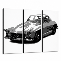 Tablou POP ART pictat manual MERCEDES SL300 3 piese mer – Vizualizare 3D a tabloului pictat manual pe fundal alb. Culori dominante: negru, alb, gri.