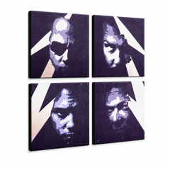 Tablou POP ART pictat manual METALLICA 4 bucăți de metal – Vizualizare 3D a tabloului pictat manual pe fundal alb. Culori dominante: mov, albastru, negru, bej, alb.