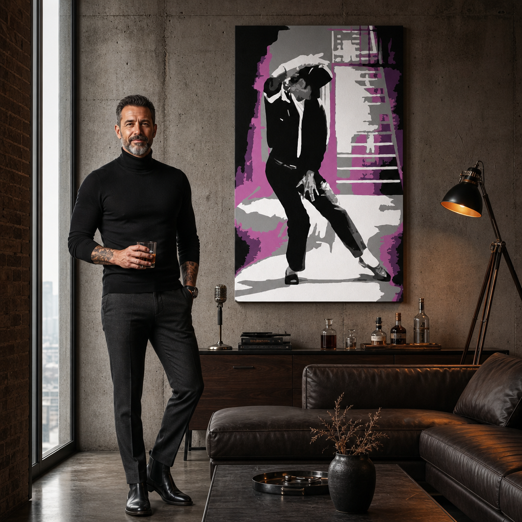 Tablou POP ART pictat manual Michael Jackson 1 bucată mj3 – tablou într-un interior modern masculin, vizualizare lifestyle. Culori dominante: negru, roz, gri, alb.