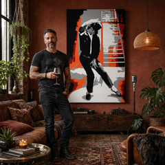 Tablou POP ART pictat manual Michael Jackson 1 bucată mj4 – tablou într-un interior modern masculin, vizualizare lifestyle. Culori dominante: negru, roșu, portocaliu, alb, gri.