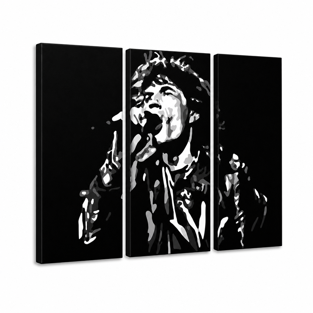 Tablou POP ART pictat manual Mick Jagger 3 bucăți mick – Vizualizare 3D a tabloului pictat manual pe fundal alb. Culori dominante: negru, alb, gri.