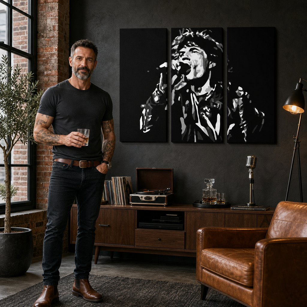 Tablou POP ART pictat manual Mick Jagger 3 bucăți mick – tablou într-un interior modern masculin, vizualizare lifestyle. Culori dominante: negru, alb, gri.