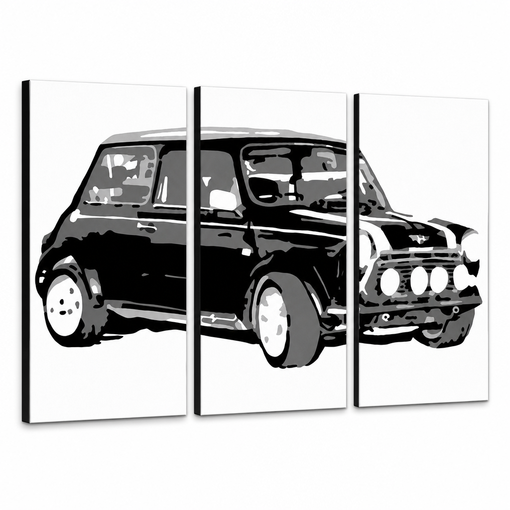Tablou POP ART pictat manual MINI COOPER 3 piese mini – Vizualizare 3D a tabloului pictat manual pe fundal alb. Culori dominante: negru, alb, gri.