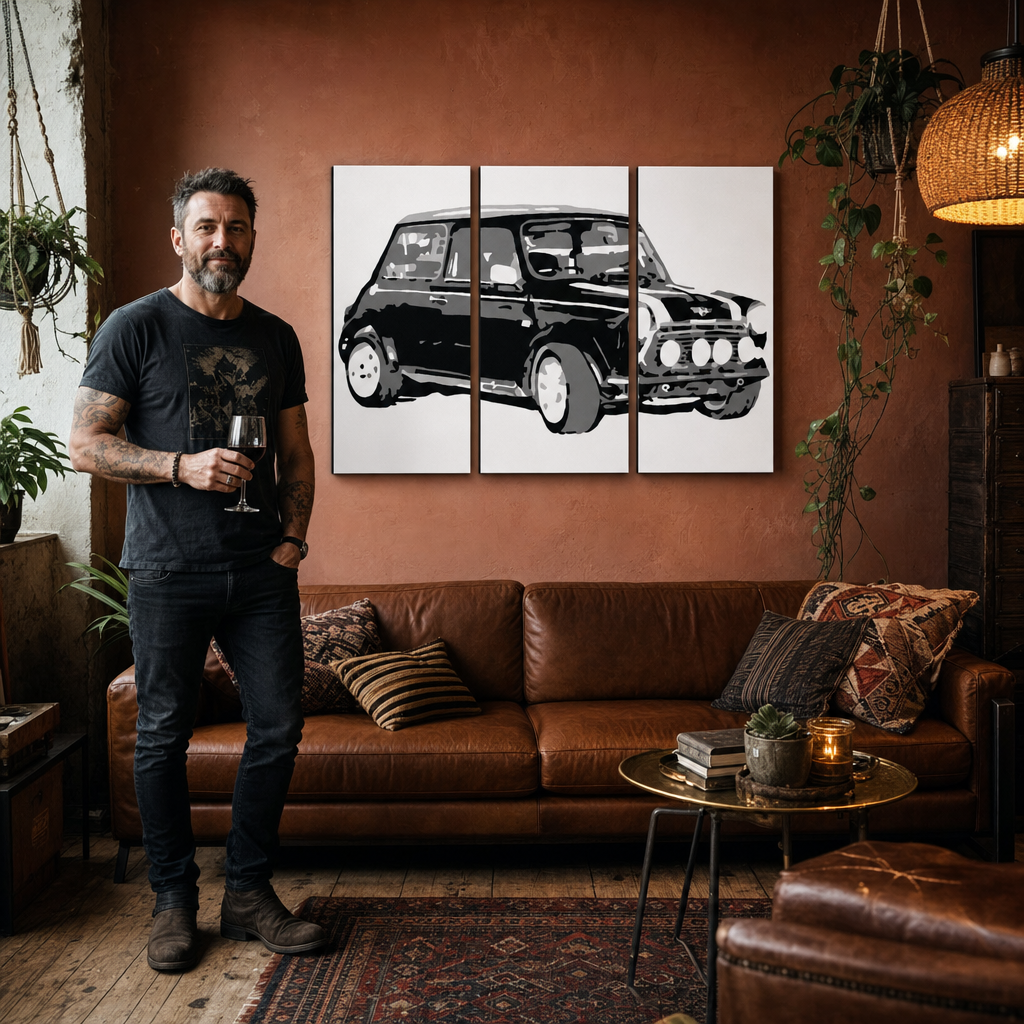 Tablou POP ART pictat manual MINI COOPER 3 piese mini – tablou într-un interior modern masculin, vizualizare lifestyle. Culori dominante: negru, alb, gri.